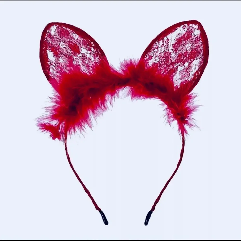 Dark Red Feather Lace Cat Ears Headband Hair Accessories NEW